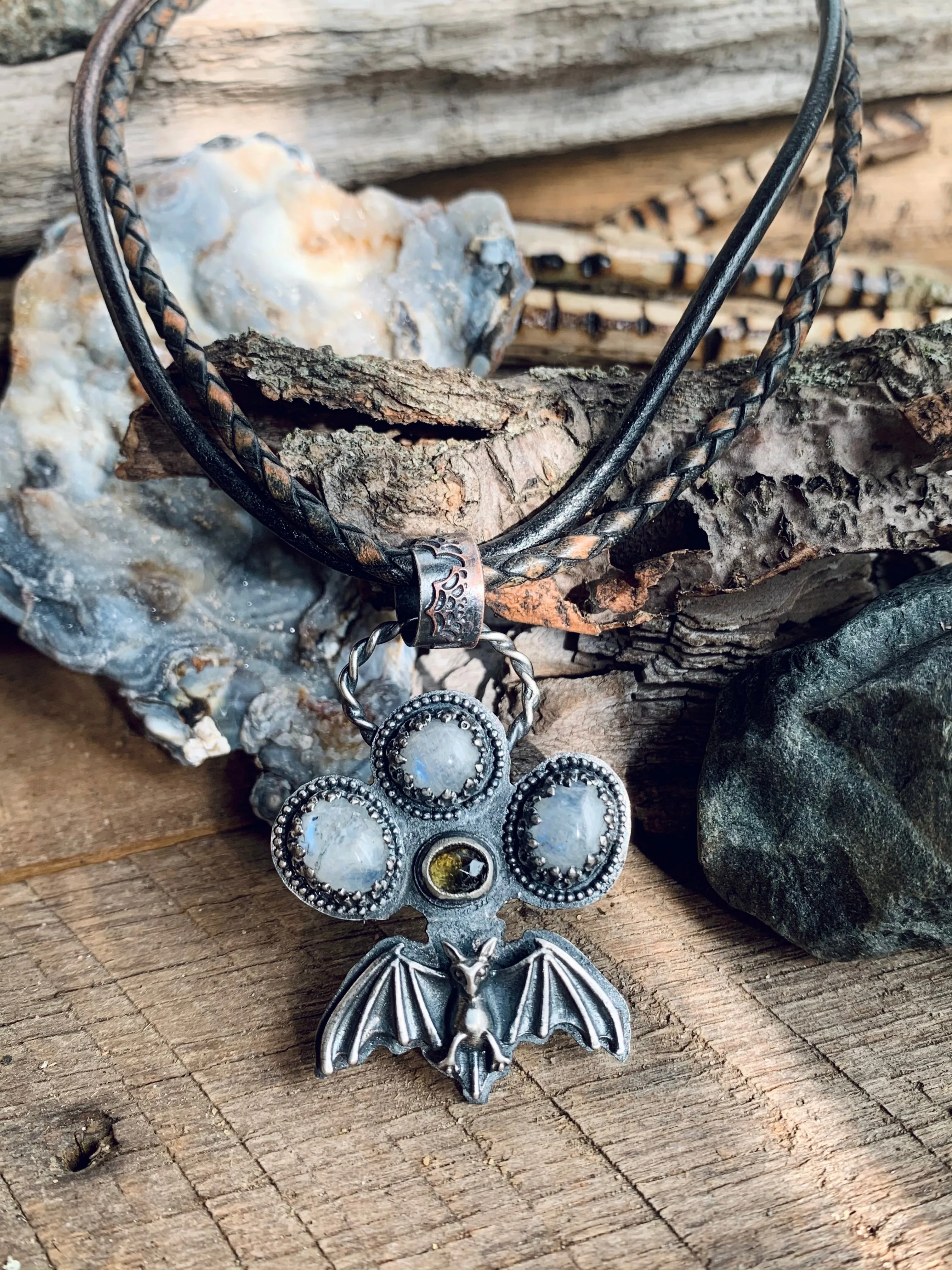 Sterling Silver Moonstone Tourmaline Bat  Necklace