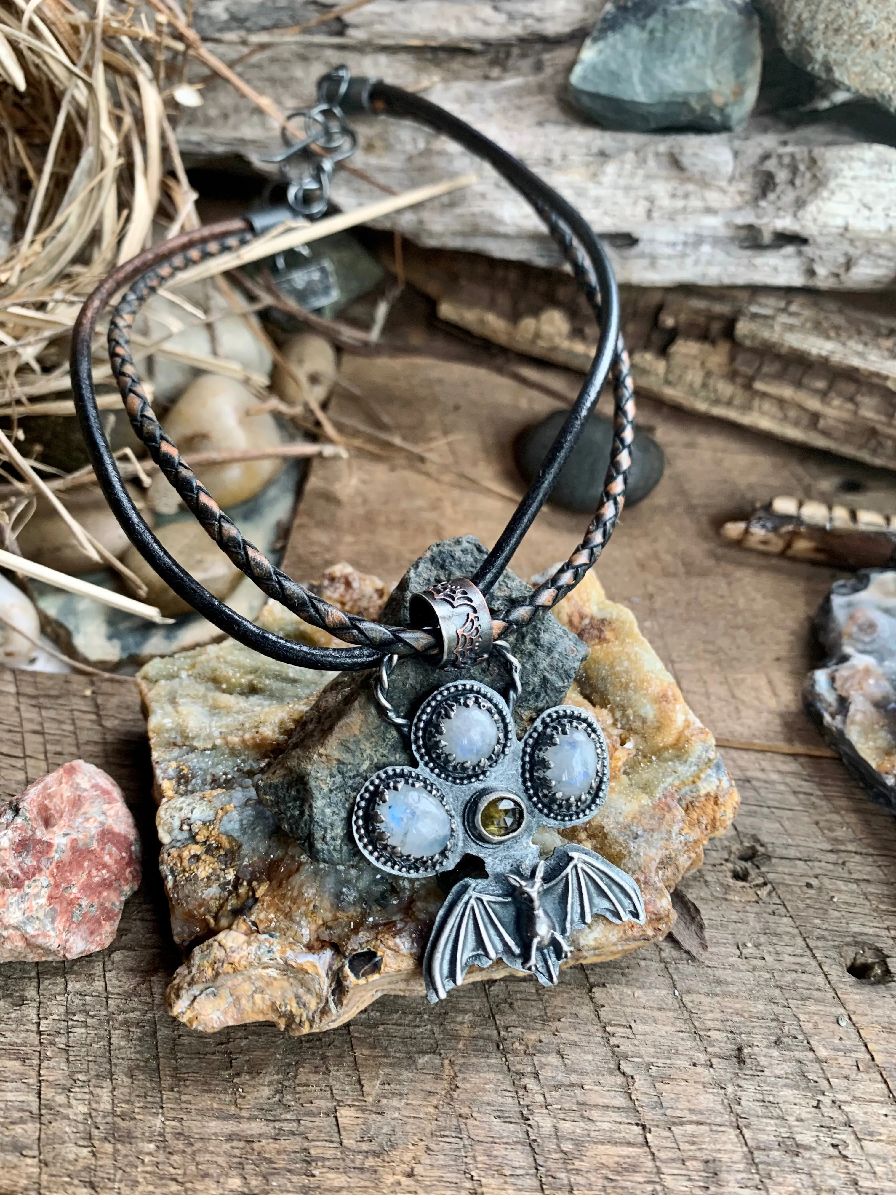 Sterling Silver Moonstone Tourmaline Bat  Necklace