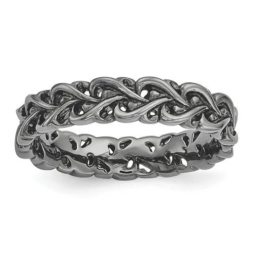 Sterling Silver Stackable Expressions Black Plated Intertwined Hearts  Carved Ring