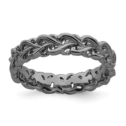 Sterling Silver Stackable Expressions Black Plated Intertwined Hearts  Carved Ring