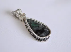 Sterling Silver Wire Wrapped Emerald Pendant, Green and Grey Emerald Necklace, Emerald From Brazil