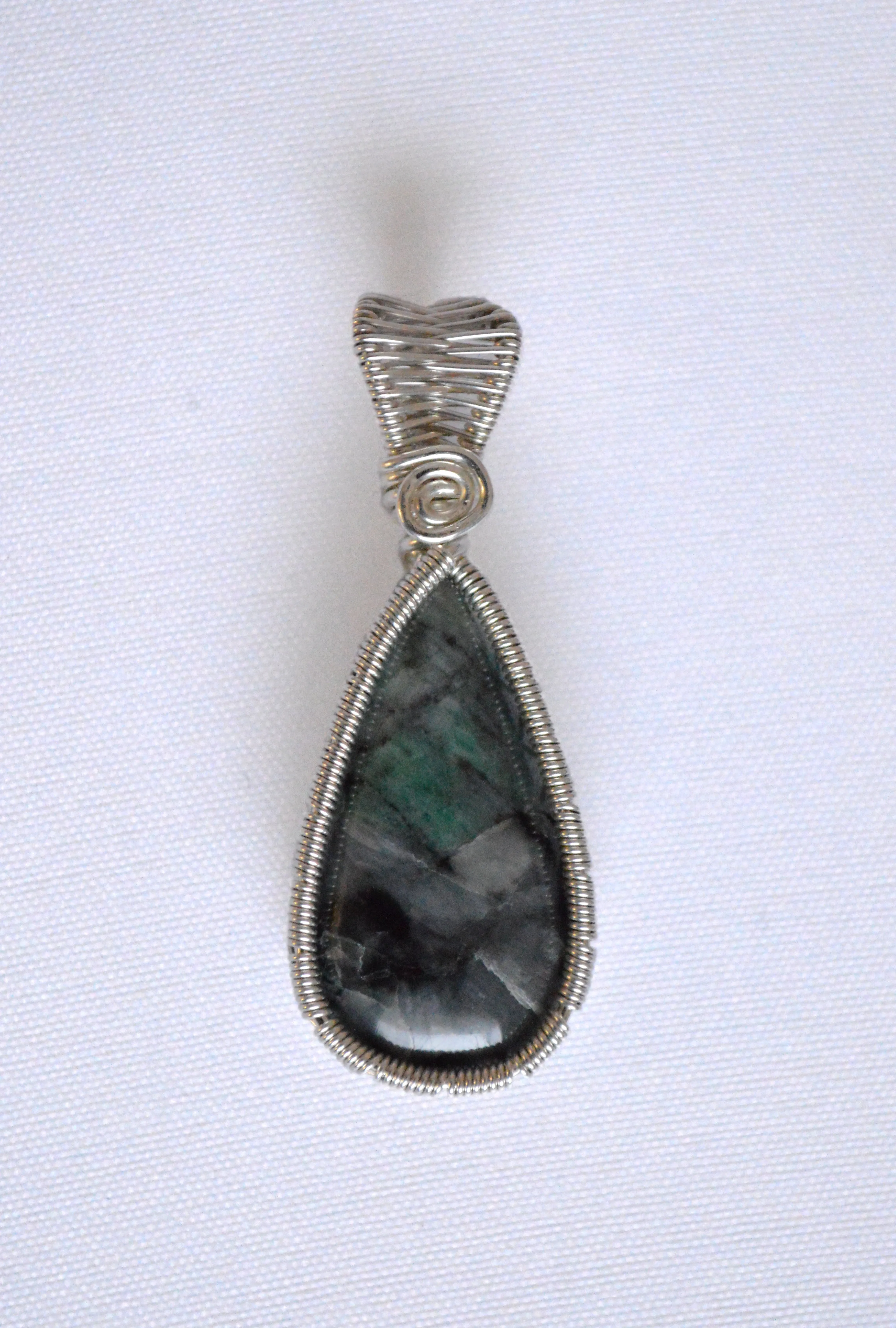 Sterling Silver Wire Wrapped Emerald Pendant, Green and Grey Emerald Necklace, Emerald From Brazil