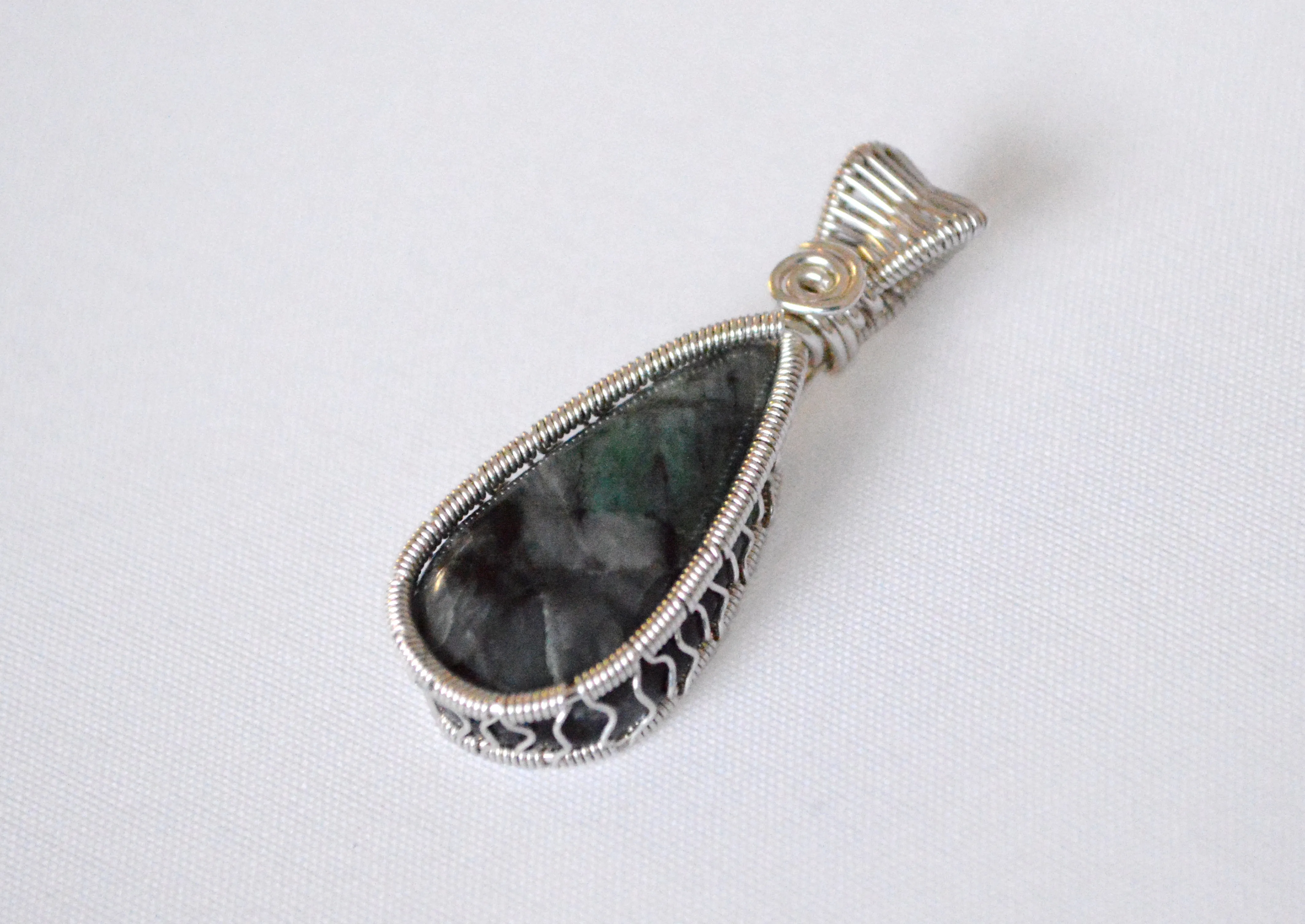 Sterling Silver Wire Wrapped Emerald Pendant, Green and Grey Emerald Necklace, Emerald From Brazil