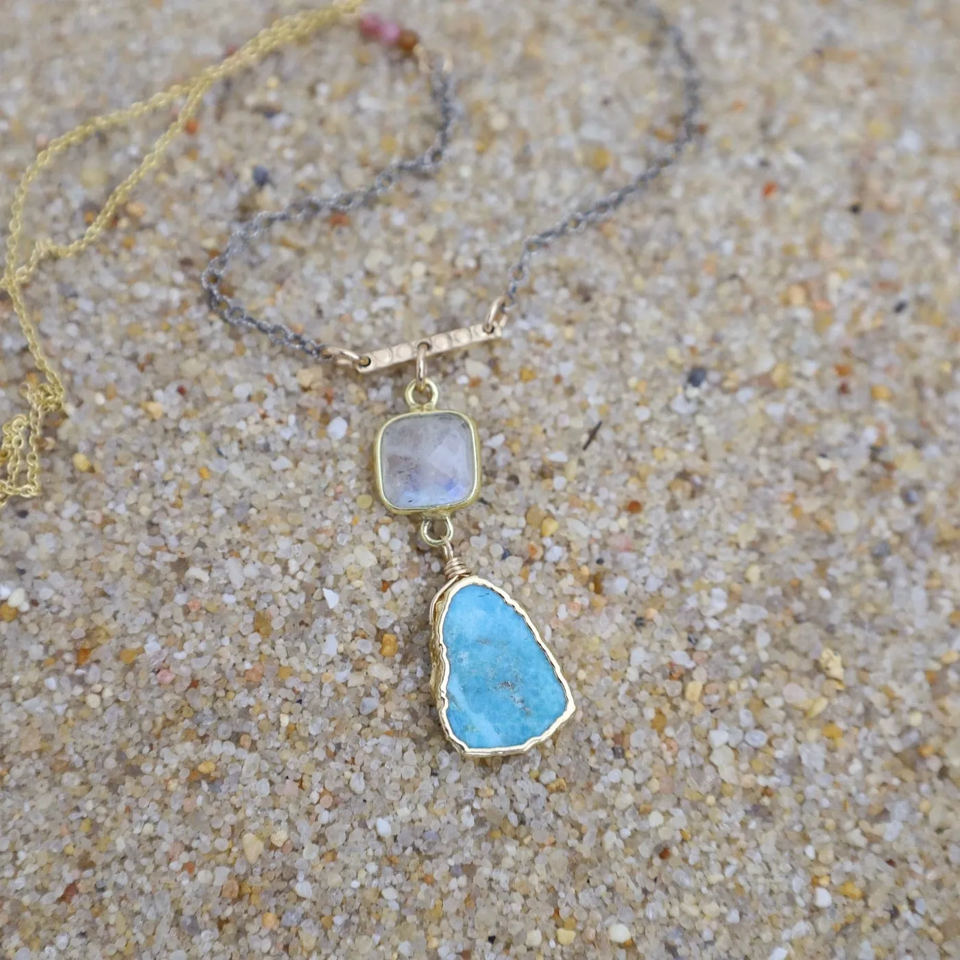 Turquoise & Moonstone Slice Pendant Necklace