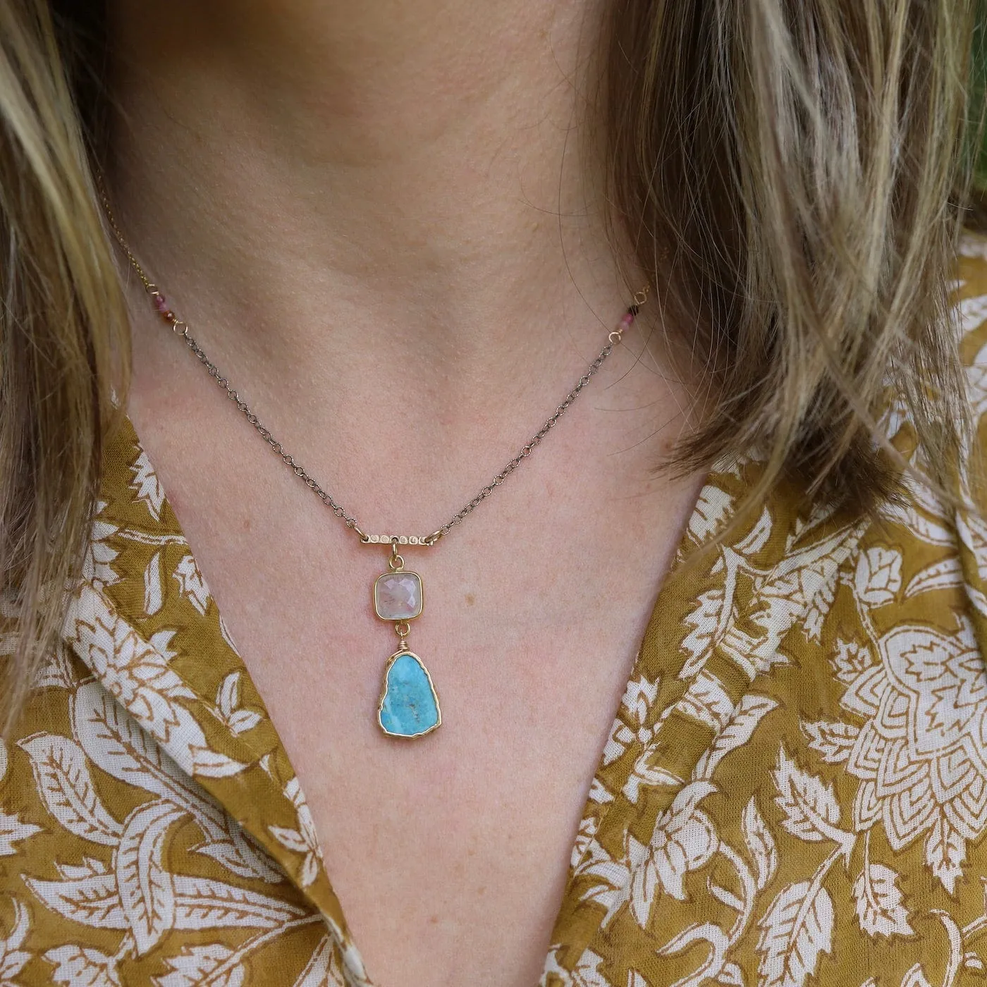 Turquoise & Moonstone Slice Pendant Necklace