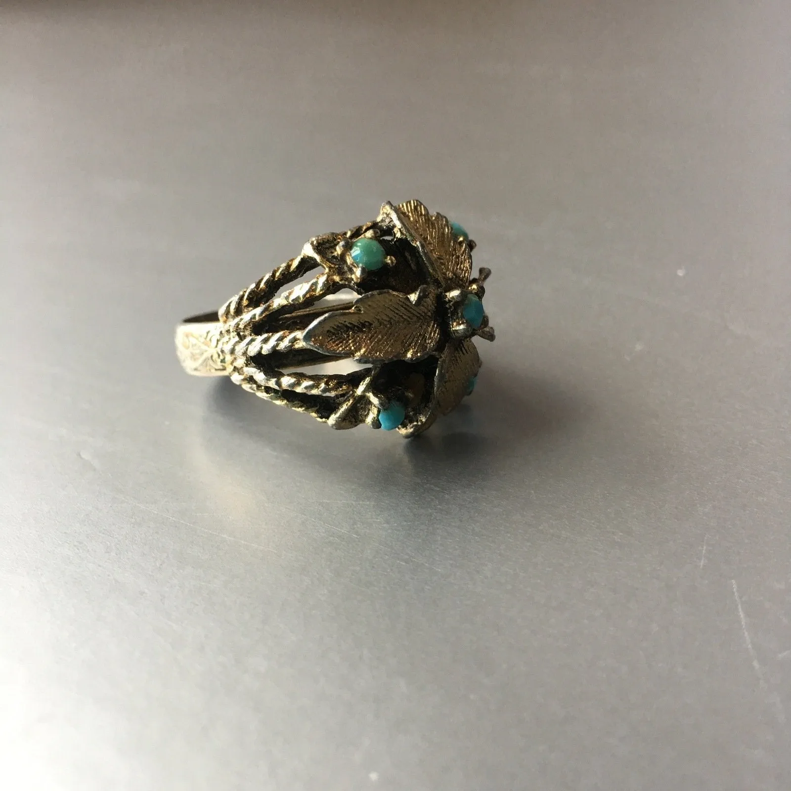 Turquoise Blue Rocks Floral Cocktail Ring Vintage Jewelry