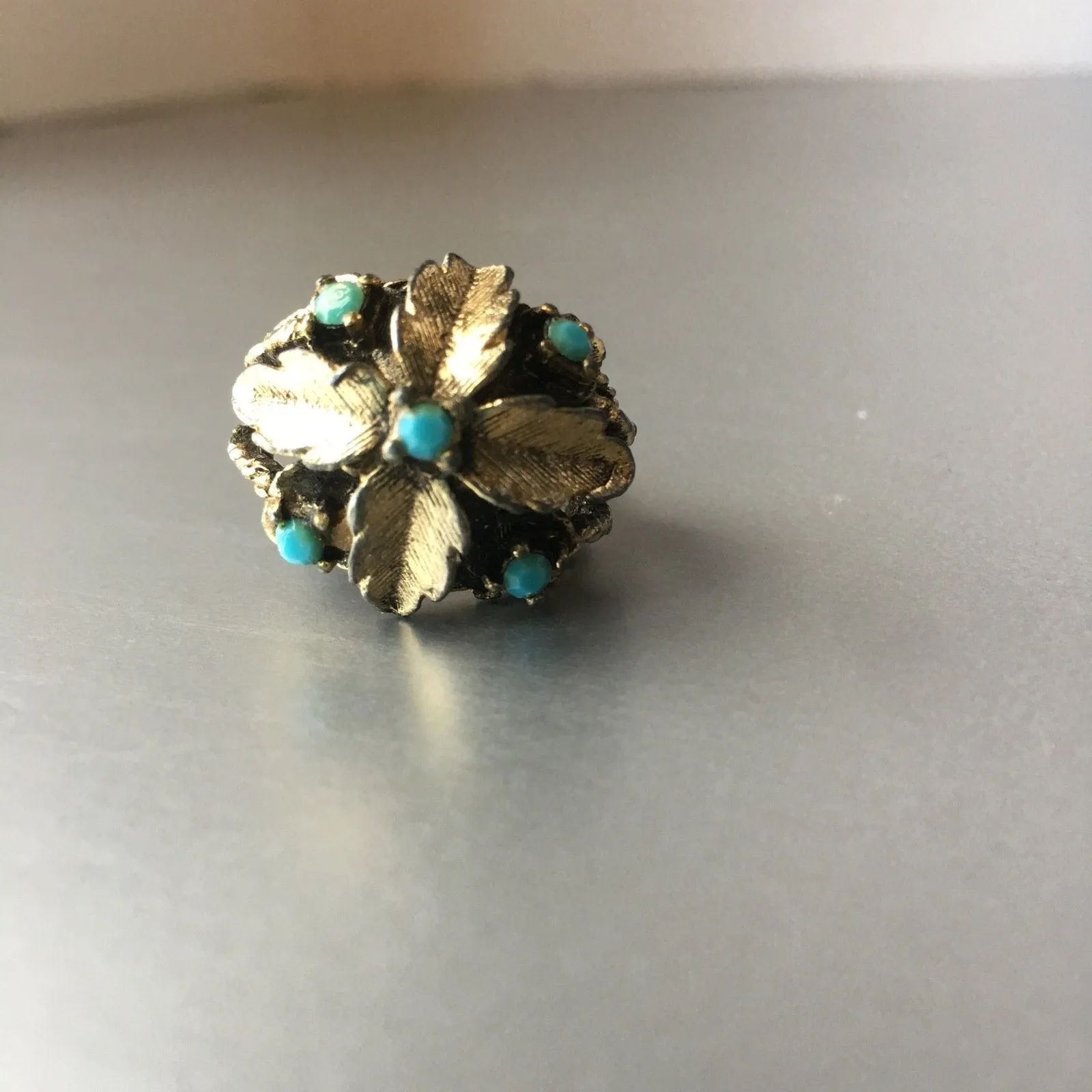 Turquoise Blue Rocks Floral Cocktail Ring Vintage Jewelry