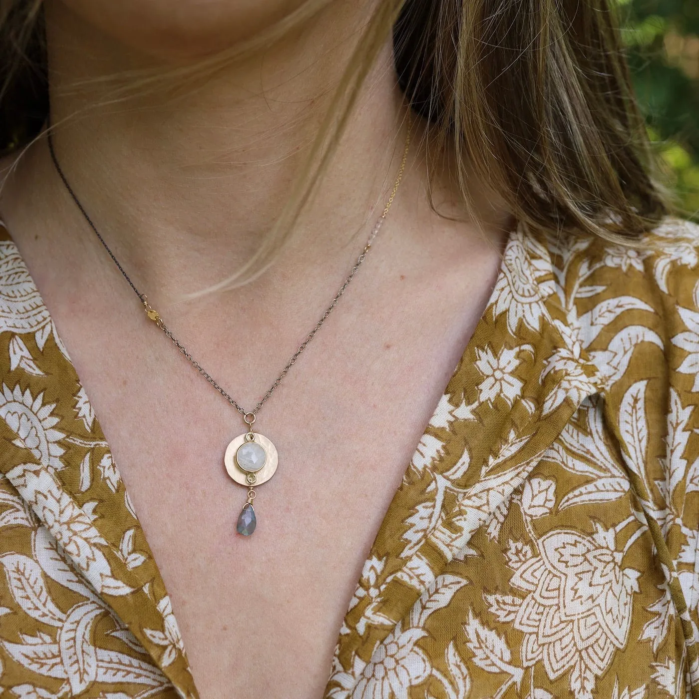 Two Tone Moonstone & Labradorite Drop Necklace