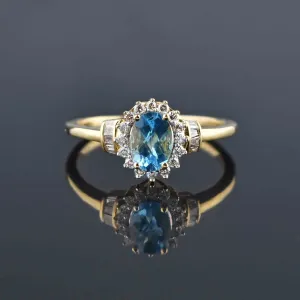 Vintage Gold Blue Topaz Baguette Diamond Halo Ring
