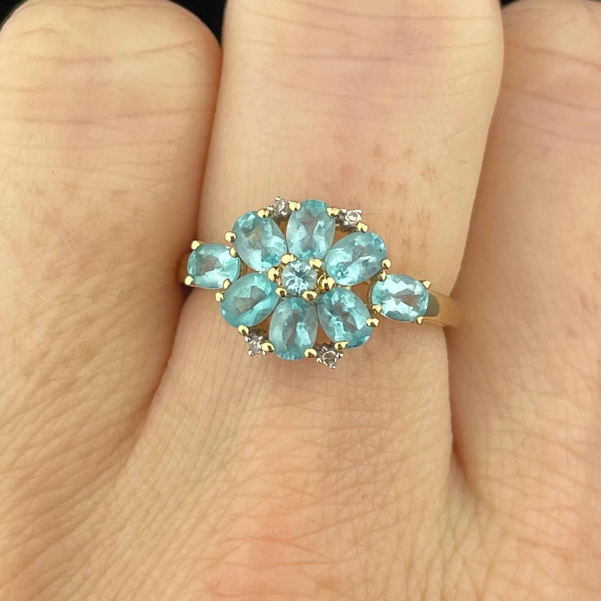 Vintage Gold Diamond Blue Stone Flower Cocktail Ring, Sz 6 1/4