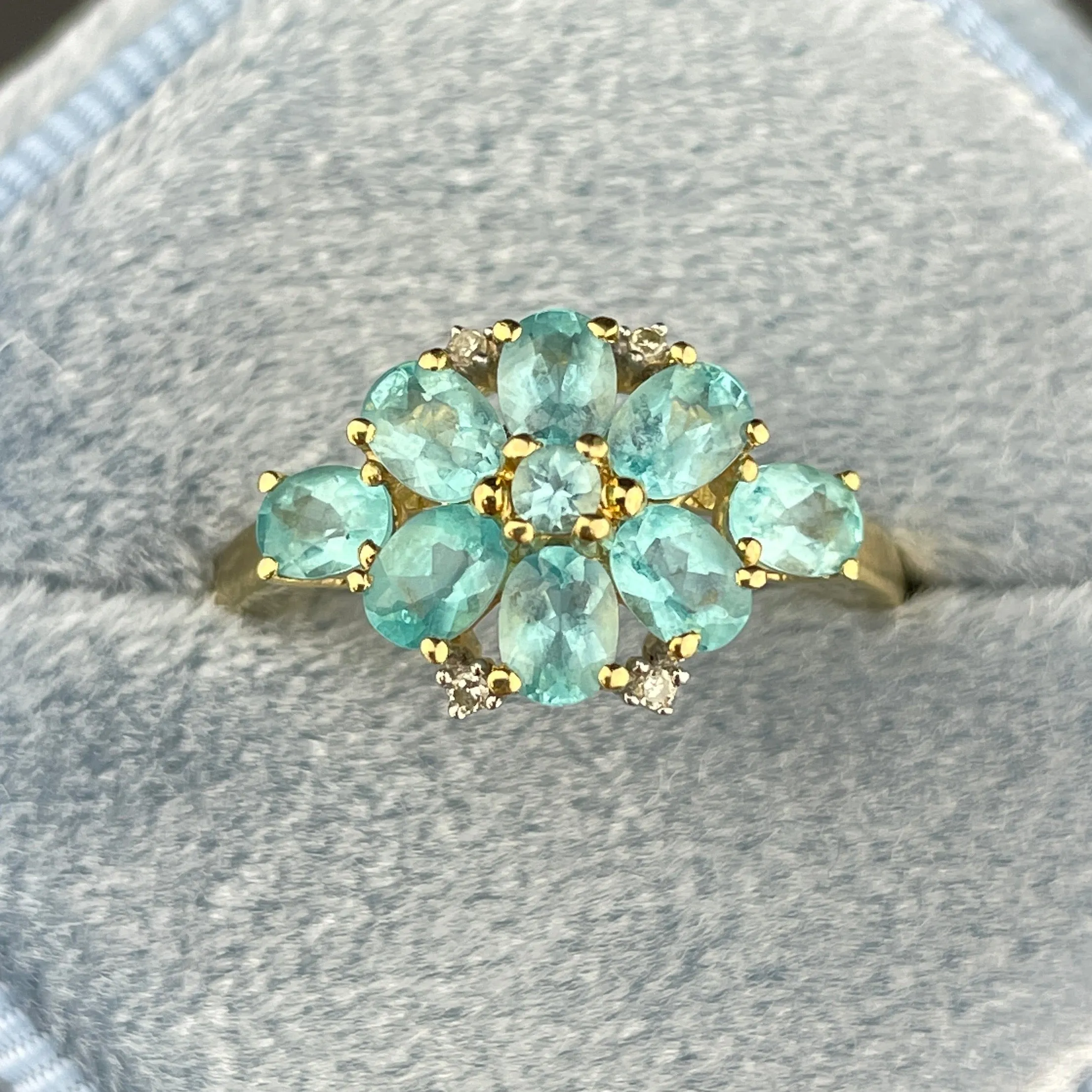 Vintage Gold Diamond Blue Stone Flower Cocktail Ring, Sz 6 1/4