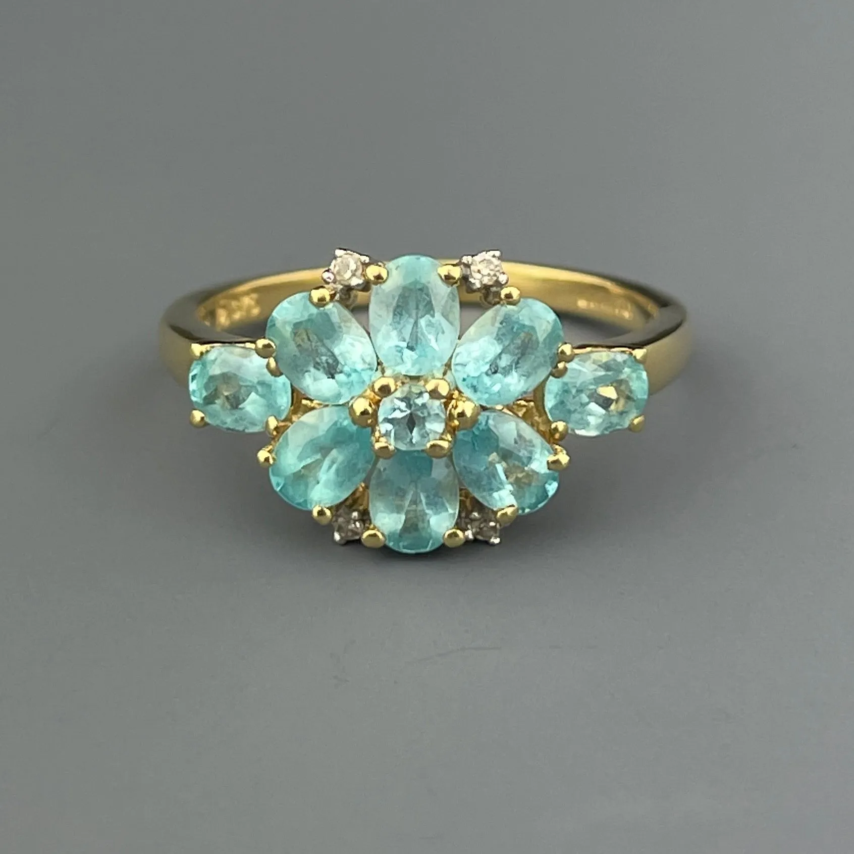 Vintage Gold Diamond Blue Stone Flower Cocktail Ring, Sz 6 1/4