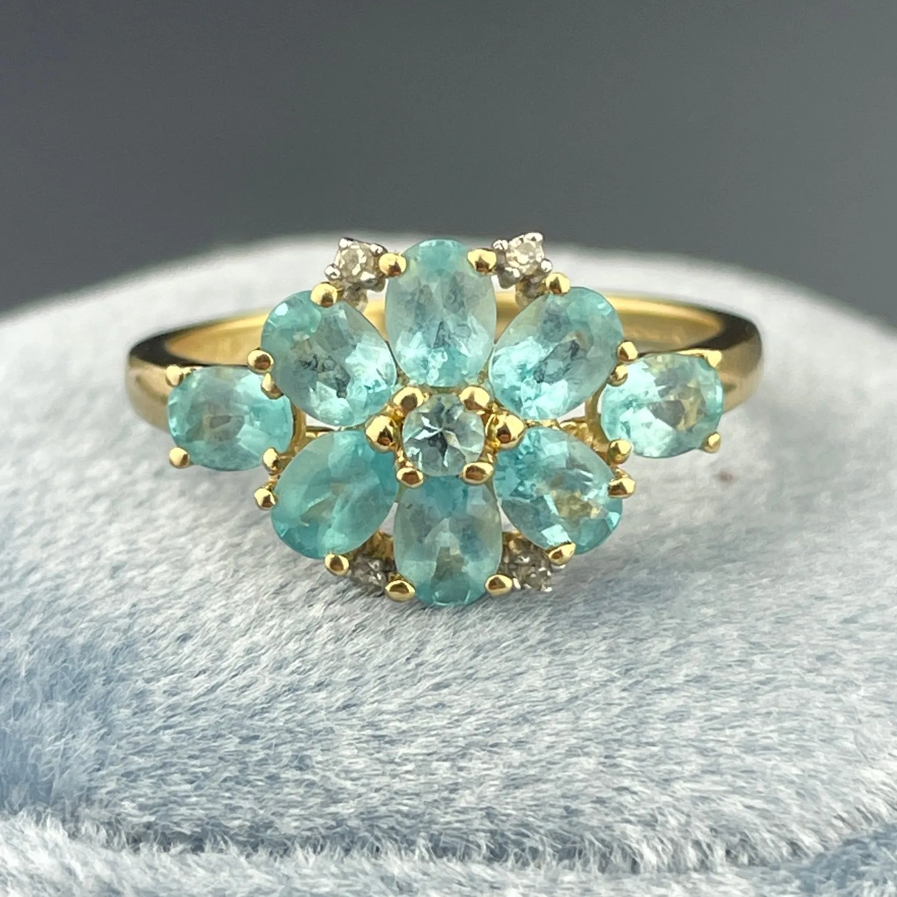 Vintage Gold Diamond Blue Stone Flower Cocktail Ring, Sz 6 1/4