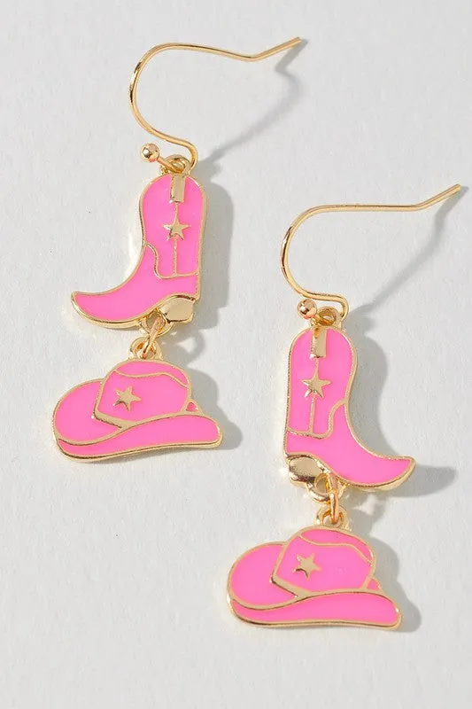 Western Hat/Boot Dangle Earrings - Pink