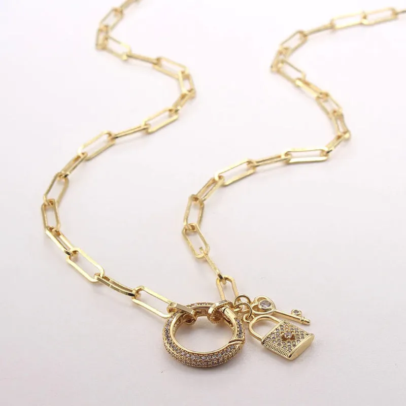 Zircon Heart and Lock Pendant with Long Chain Fashion Necklaces