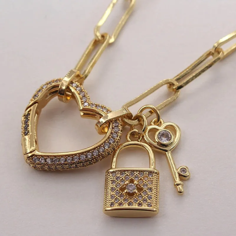 Zircon Heart and Lock Pendant with Long Chain Fashion Necklaces