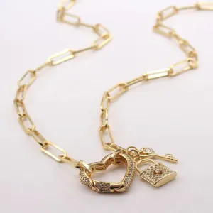 Zircon Heart and Lock Pendant with Long Chain Fashion Necklaces