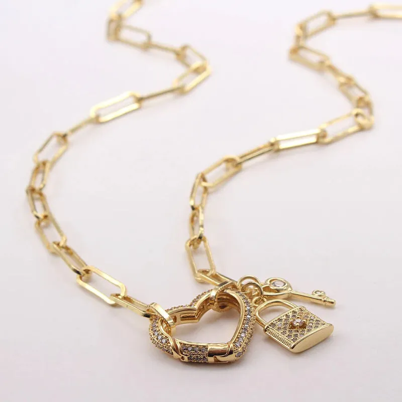 Zircon Heart and Lock Pendant with Long Chain Fashion Necklaces