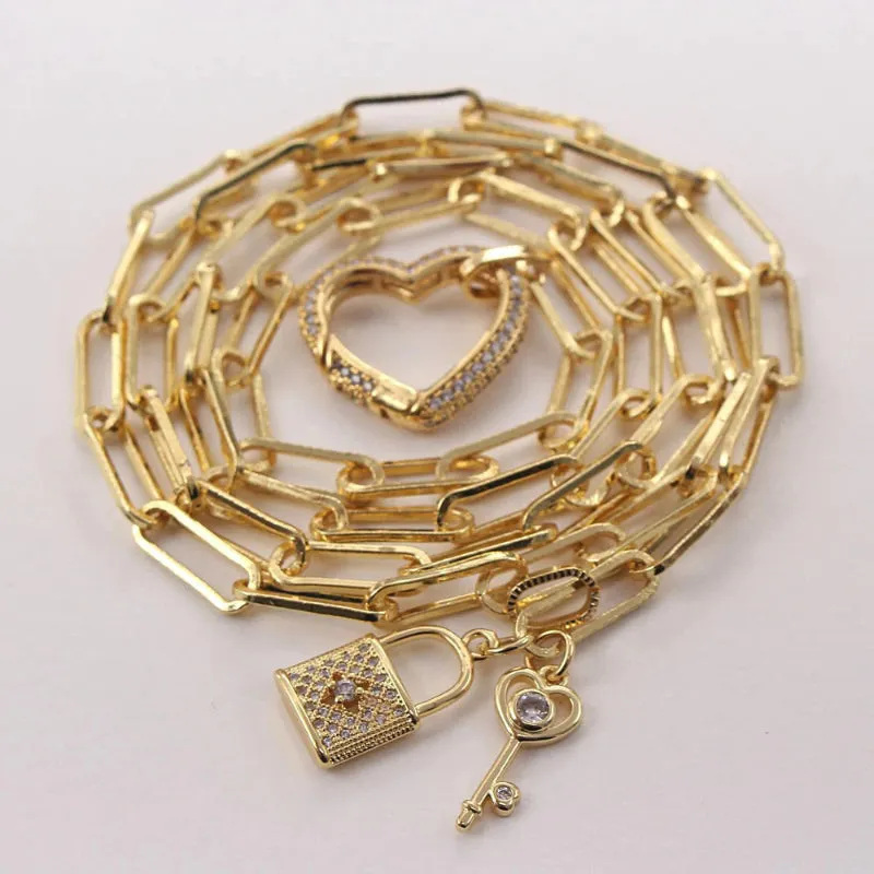 Zircon Heart and Lock Pendant with Long Chain Fashion Necklaces